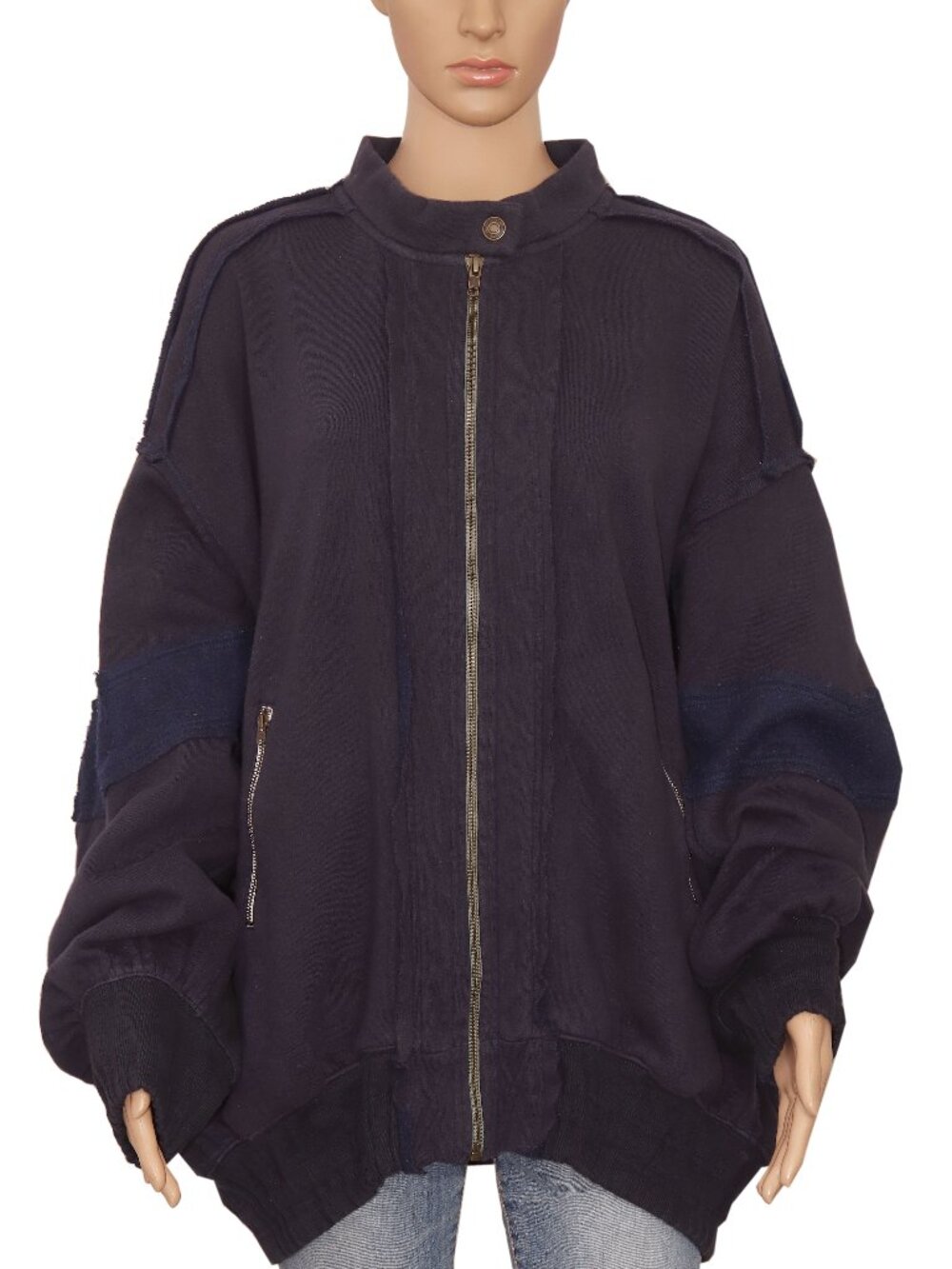 Free People Lou Moto Zip Jacket Dropped Shoulders Navy Long Sleeve L
